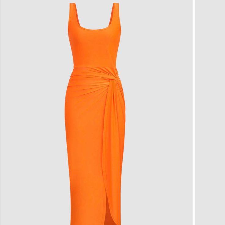 Never Worn Still Has Tag Elegant Stretch Orange Maxi Dress, Orange Elegant Stretch Maxi Dress, Elegant Orange Stretch Maxi Dress, Orange Summer Maxi Dress For Evening, Elegant Orange Ruched Midi Dress, Summer Sheath Maxi Dress With Ruched Detail, Elegant Orange Maxi Dress For Day Out, Square Neck Midi Dress, Strawberry Shortcake