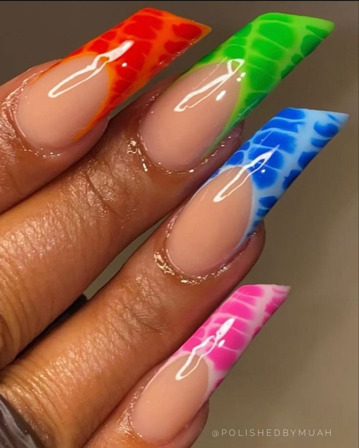 Slanted Nail Designs, Slanted Nails Shape, Lipstick Nails Shape Design, Lipstick Shaped Nails Acrylic, Lipstick Nails Shape Long, Lipstick Shape Nails, Lipstick Nails Shape, Rainbow Nails Design, Nails Shape