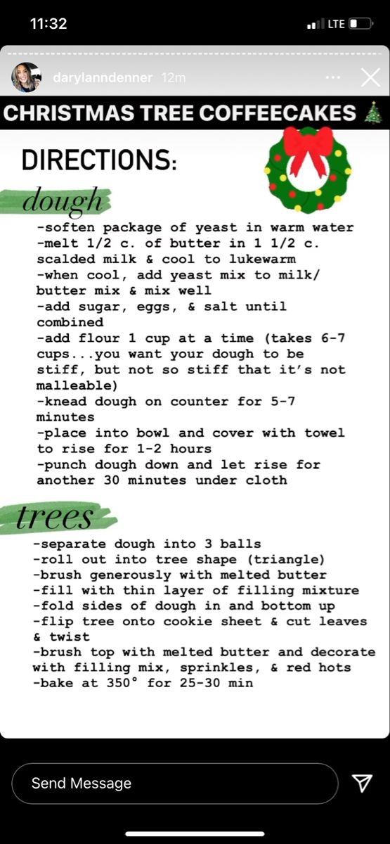 the christmas tree coffeecakes recipe is shown on an iphone screen, and it appears to be filled with instructions