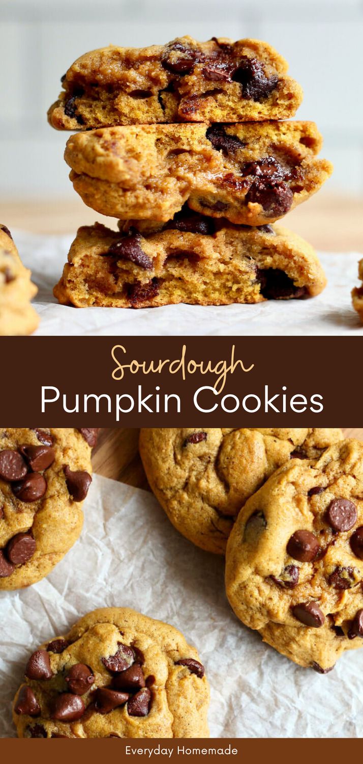 chocolate chip cookies stacked on top of each other with text overlay that reads, sourdough pumpkin cookies