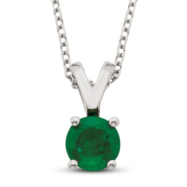 This classic necklace for her features a round-cut certified emerald set in 14K white gold. The pendant is suspended from an 18-inch cable chain and secures with a lobster clasp. Emerald Set, Necklace For Her, Solitaire Pendant Necklace, Classic Necklace, Emerald Pendant, Emerald Necklace, Solitaire Pendant, Gemstone Necklace Pendant, Accessories Jewelry Necklace