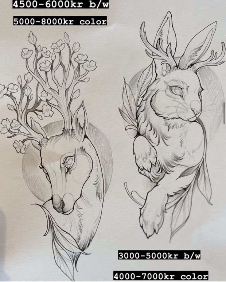 two drawings of animals with flowers on their heads, one in the shape of a heart