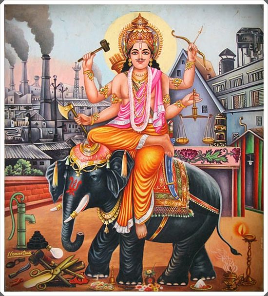 a painting of the hindu god sitting on an elephant