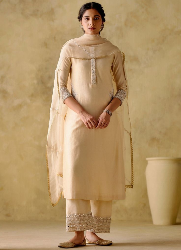 Ivory Embellished Silk Kurta Palazzo Set Varun Chhabra - Fabilicious Fashion Silk Kurti Designs, Kurta Palazzo Set, White Kurta, Palazzo Set, Cotton Dupatta, Silk Kurta, Ivory Silk, Organza Dupatta, Kurta With Pants