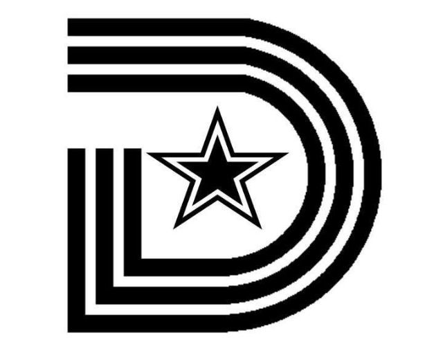 the letter d with a star on it's center, in black and white