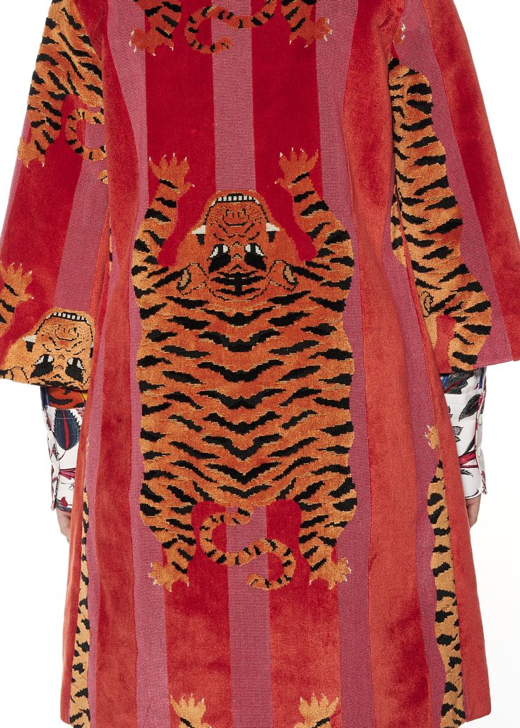 Jokhang Tiger a-line Coat - Women's Jackets & Coats - Libertine Rich Cat, Art Coat, Tiger Style, Upcycled Clothes, Beaded Necklace Diy, Fashion Aesthetics, Necklace Diy, Fashion Design Clothes, Tiger Print