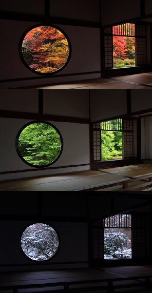 three round windows with trees in them