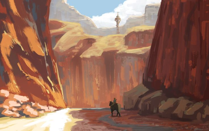 a painting of a man standing in the middle of a canyon looking out into the distance