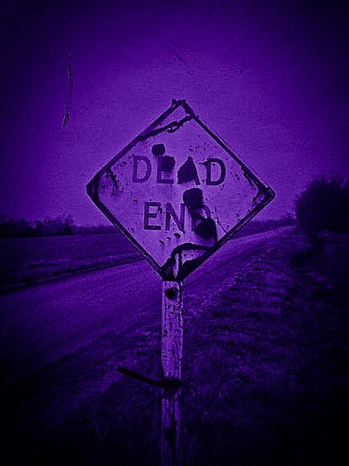 a street sign that says dead end in front of a purple sky with the word dead end written on it