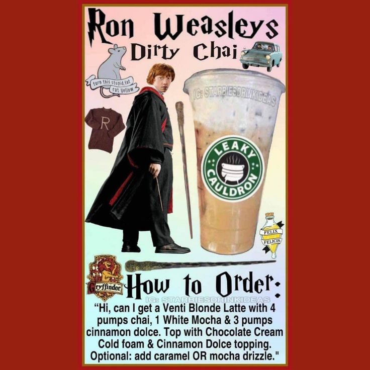 a harry potter poster with an iced drink and hogwart's robes on it