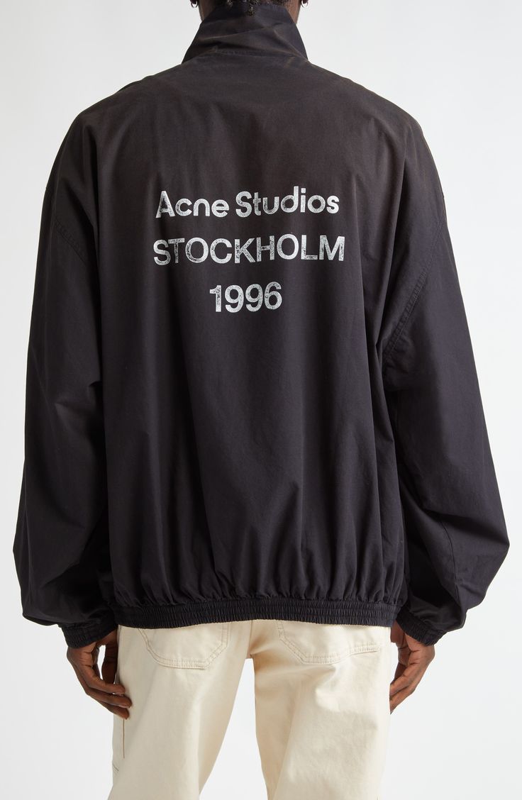 A washed finish and artfully weathered logo graphic highlight the Stockholm label's streetwear-savvy aesthetic in this lightweight cotton jacket. 30" length (size 50 EU) Two-way front-zip closure Stand collar Elastic cuffs Side-seam pockets Stretch-nylon lining 100% cotton Dry clean Made in Portugal Designer Clothing Sporty Cotton Outerwear With Logo, Cotton Logo Outerwear For Streetwear, Cotton Outerwear With Logo For Streetwear, Long Sleeve Logo Outerwear For Streetwear, Cotton Outerwear With Logo For Fall, Fall Cotton Outerwear With Logo, Sporty Cotton Outerwear With Logo Print, Fall Logo Print Outdoor Outerwear, Fall Outdoor Outerwear With Logo Print