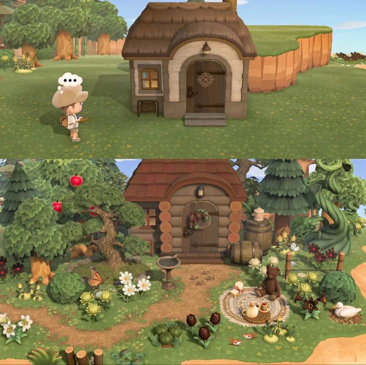 an animal crossing game is shown in two different screens, one with a house and the other with animals