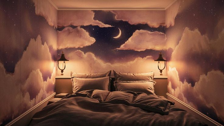 a bed sitting under a night sky with clouds painted on the wall and lights at the headboard