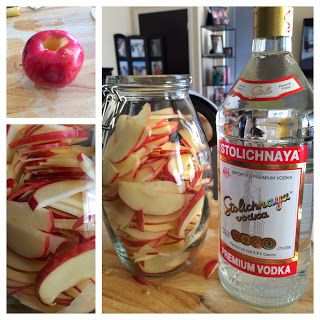 there are several pictures of apples in jars and one has an apple on the counter