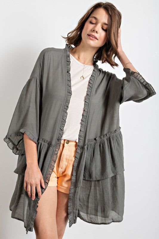 Get your style game on point with this Make a Way Ruffle Cardigan. With lightweight construction, this cardigan features ruffles along the front that create an amazing contrast. The tiered ruffles and half sleeve flatter any look while the oversized fit provides great coverage and movement. Perfect for casual looks, this cardigan is a great way to show off your sophisticated side. So slip it on and start flaunting that gorgeous silhouette in style! 100% Tencel Want to view this on the *Live* Siz Ruffle Cardigan, Cardigan Kimono, Kimono Sweater, Half Sleeve Tops, Cute Tank Tops, Lightweight Cardigan, Summer Ready, Game On, Open Front Cardigan