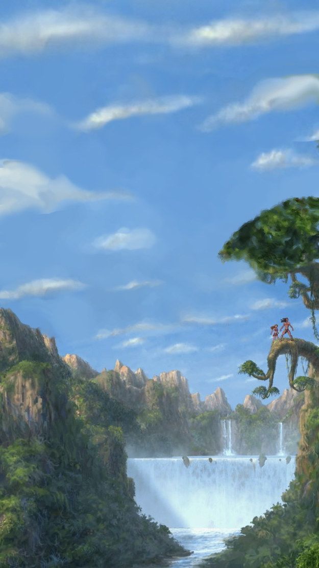 an artist's rendering of a waterfall with trees and people on the cliffs