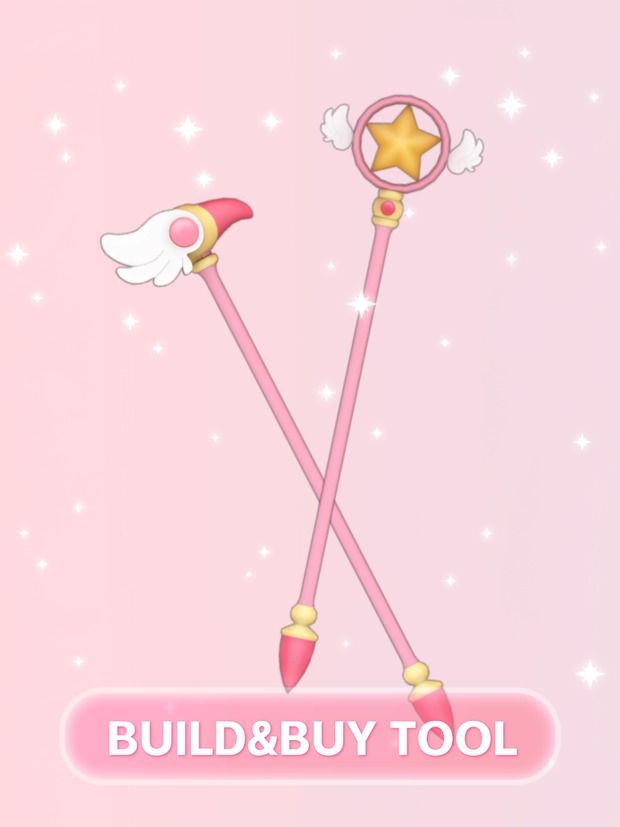 a pink wallpaper with two wands and a star on the top that says build & buy tool