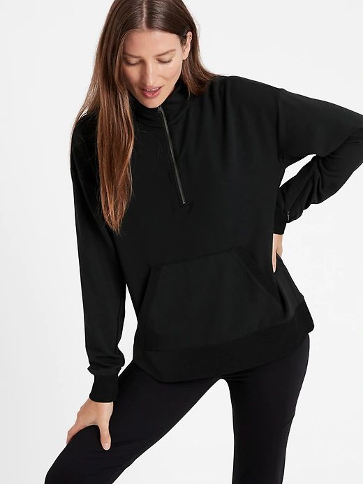 Petite Baby Terry Half-Zip Sweatshirt | Banana Republic Cozy Stretch Sweatshirt For Layering, Athleisure Stretch Sweatshirt For Layering, Cozy Fit Half-zip Top With Ribbed Cuffs, Comfy Stretch Sweats For Fall, Black Half-zip Top For Loungewear, Versatile Half-zip Sweatshirt With Ribbed Cuffs, Fall Half-zip Layering Activewear, Versatile Winter Sweatshirt With Ribbed Cuffs, Fall Layering Half-zip Activewear