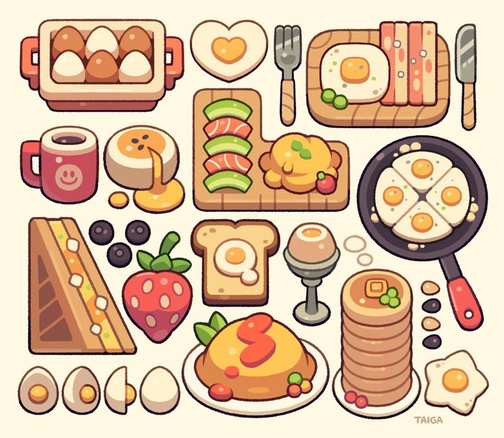 an assortment of breakfast foods including eggs, toast and fruit