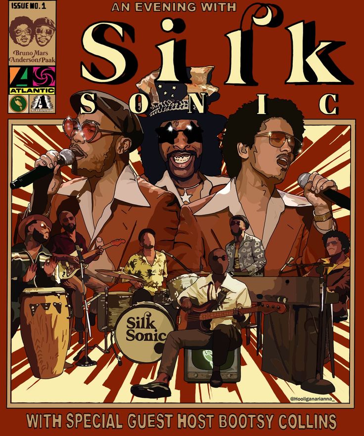 an evening with silk song poster featuring two men playing instruments and singing into microphones