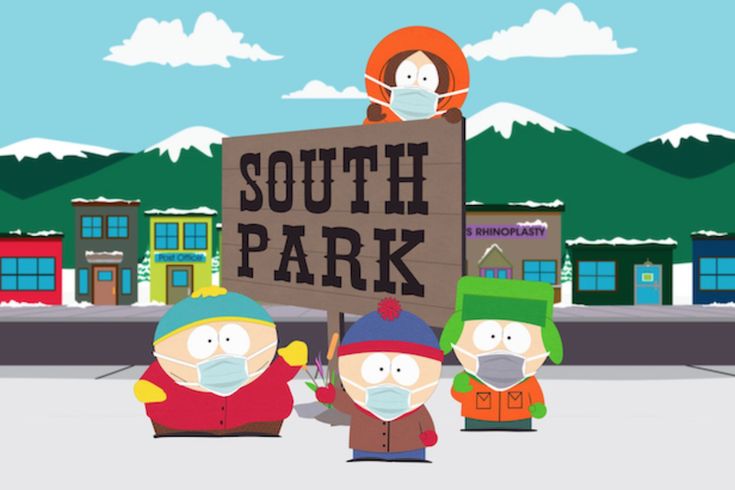 south park characters holding a sign with the words south park written on it in front of some buildings