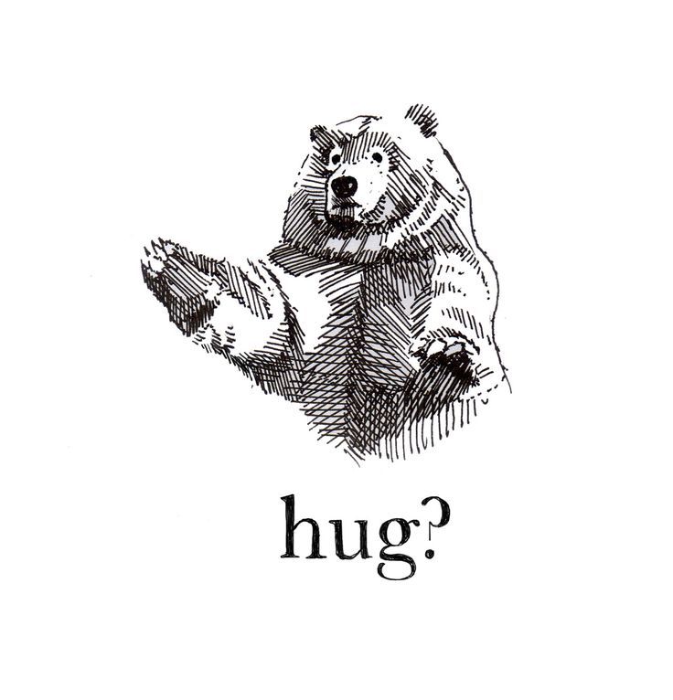 a black and white drawing of a bear with the word hug