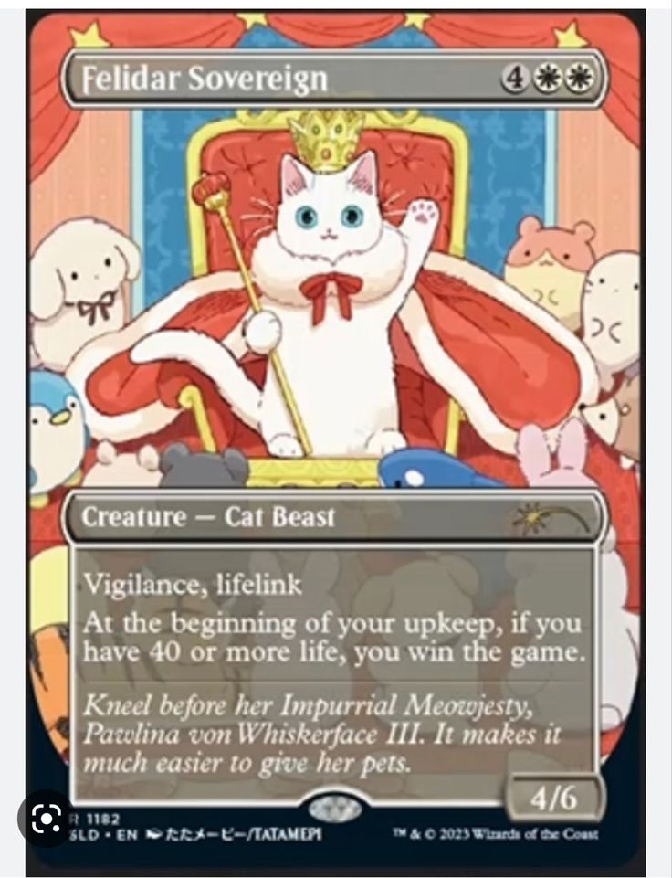 a card with an image of a cat sitting in a chair and surrounded by stuffed animals