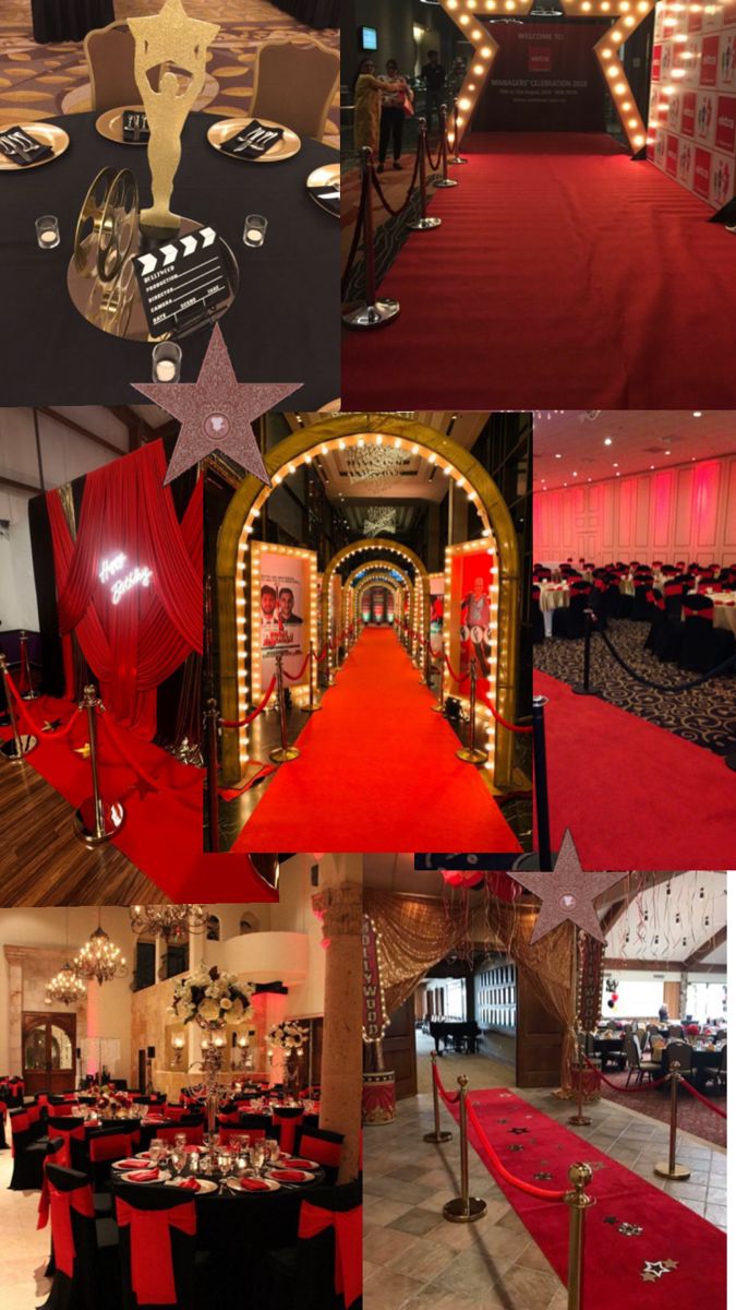 a collage of photos with red carpet and black table cloths on the tables