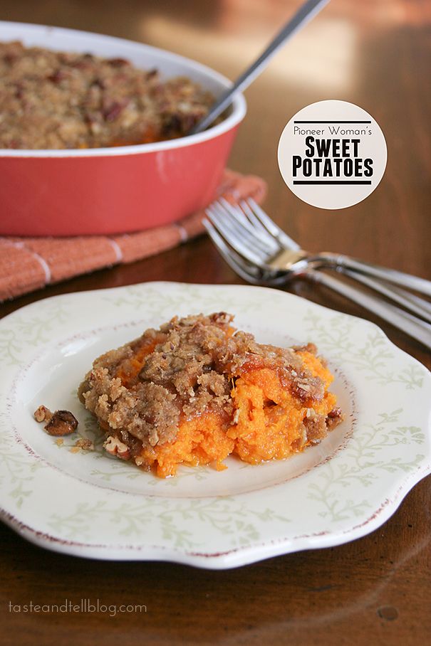 a white plate topped with food next to a casserole dish filled with sweet potatoes