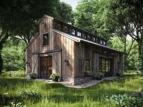 an artist's rendering of a small house in the middle of some trees and grass