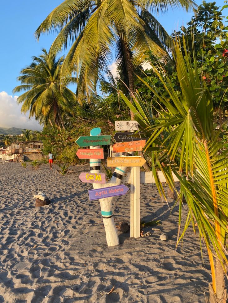 a wooden sign sitting on top of a sandy beach