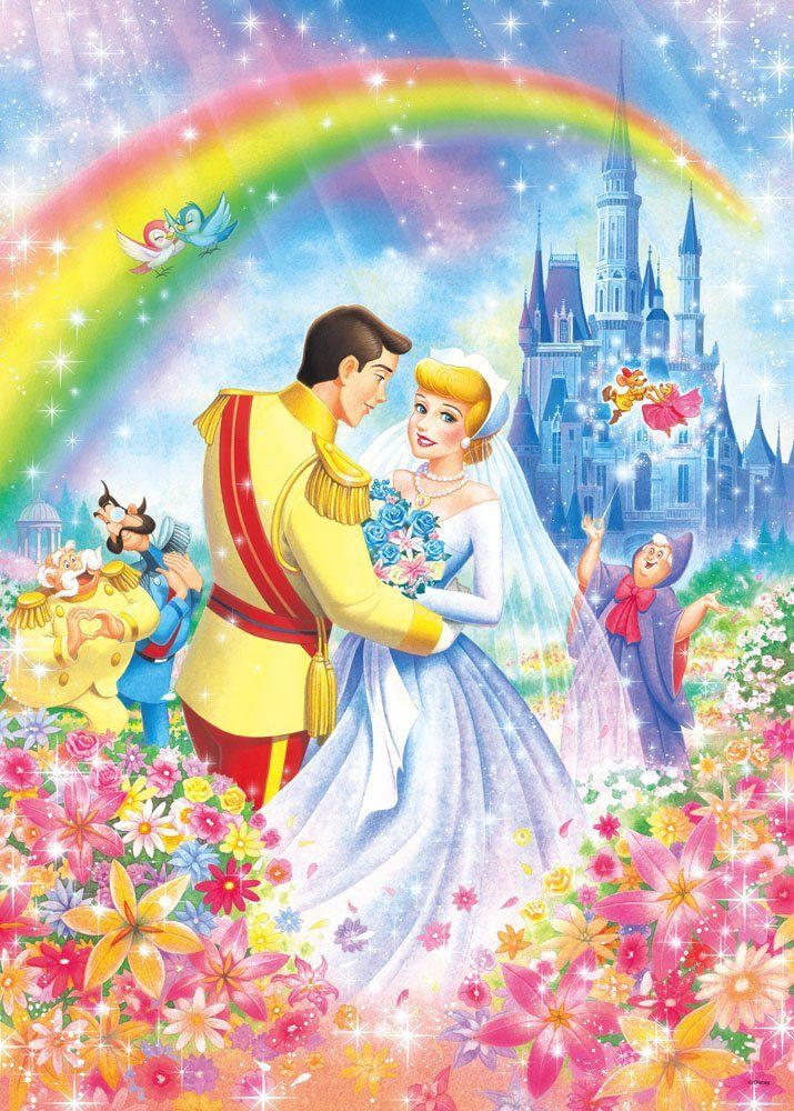 disney and prince wedding in front of a rainbow