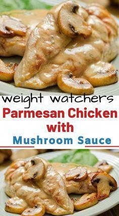 two plates with mushrooms covered in gravy on them and the words weight watchers parmesan chicken with mushroom sauce