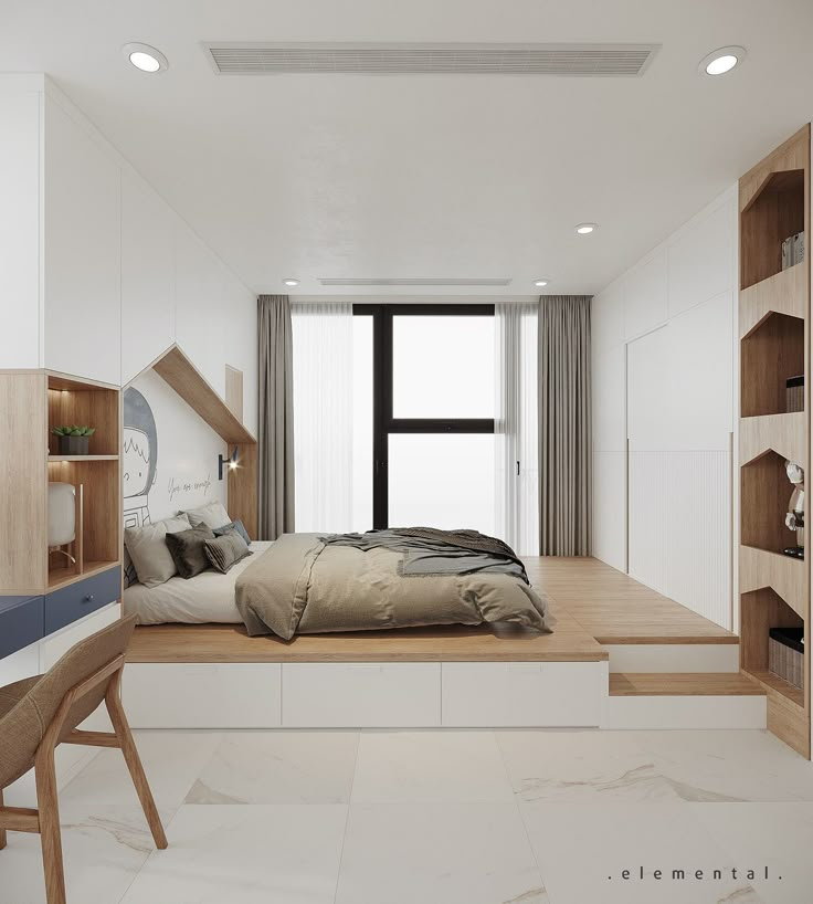 a bed sitting on top of a wooden platform next to a window in a bedroom