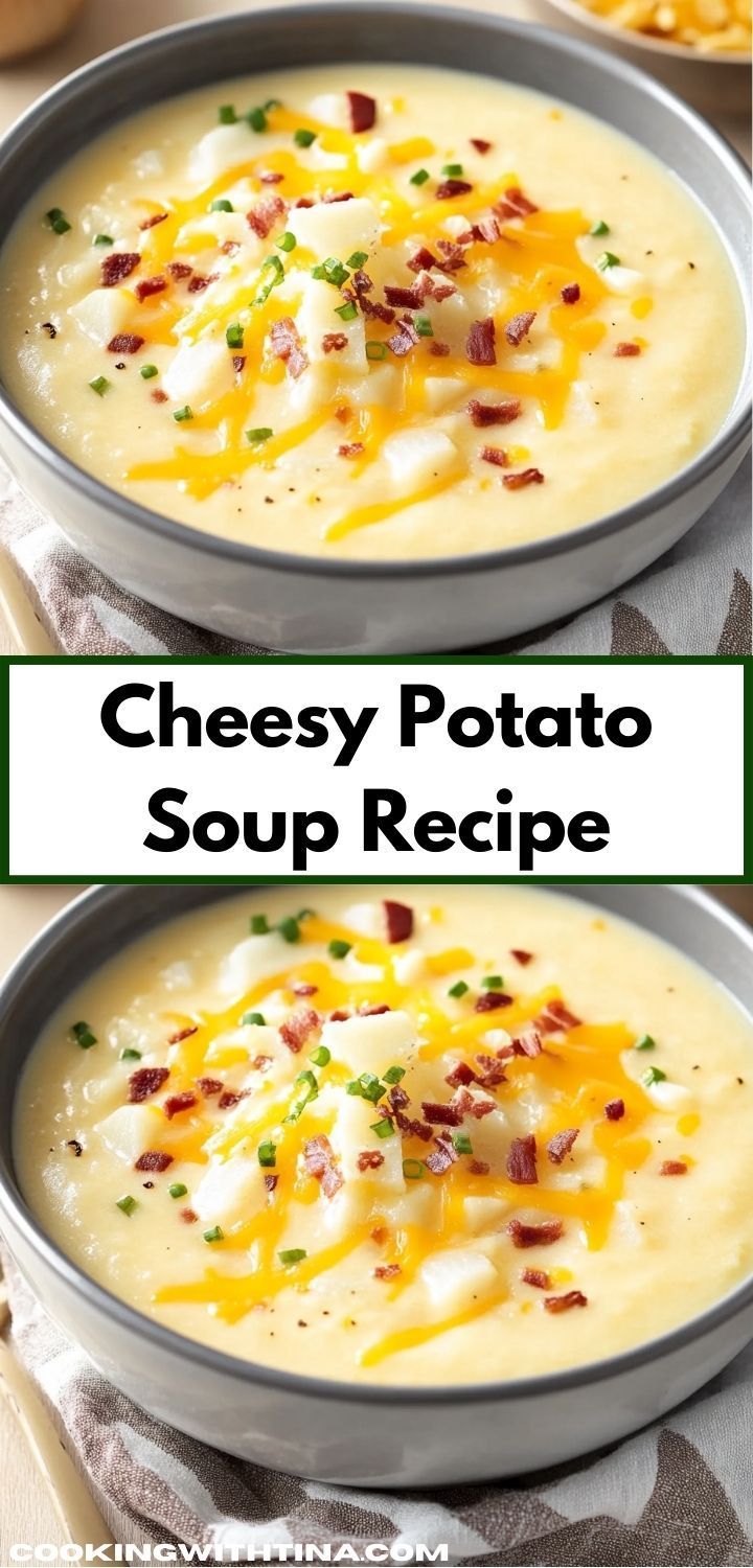 two bowls of cheesy potato soup with cheese on top and bacon in the middle