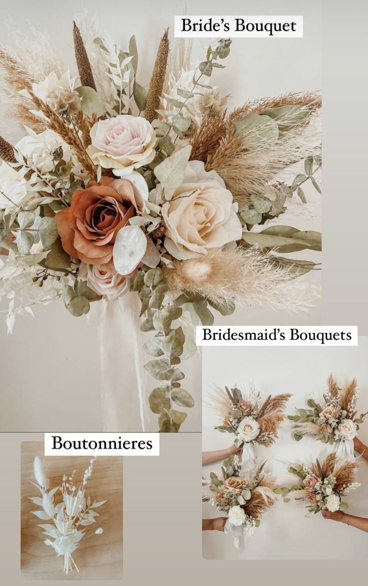 wedding bouquets with flowers and feathers on them