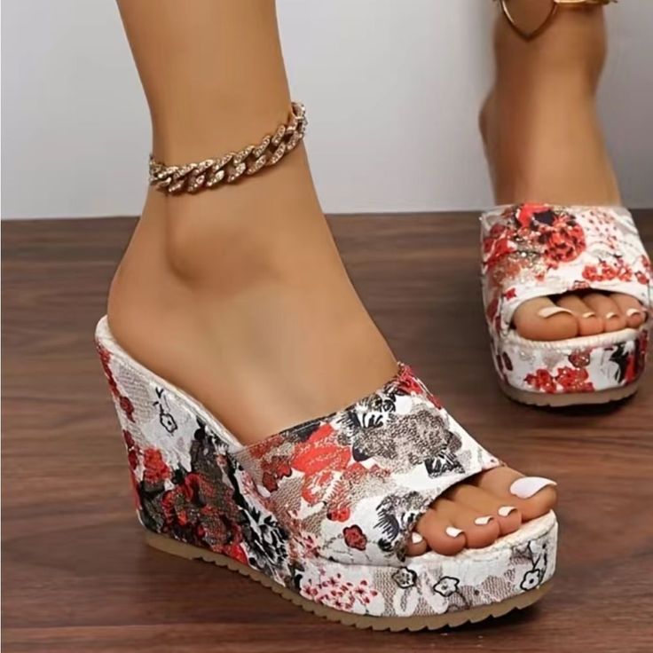 Floral Print Platform, Wedge Sandals, Open Toe, Nonslip Heels, True To Size . Variety Of Sizes . 7 7.5 9 Summer High Heels, Floral Wedges, Sandal Platform, Platform Wedge Sandals, Womens Wedges, Beach Shoes, Designer Heels, Platform Wedges, Cute Shoes