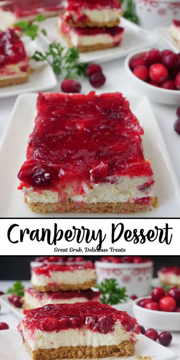 A double photo collage of cranberry dessert bars served on a white plate with small bowls of cranberries in the background. Cranberry Dessert Bars, Cranberry Crunch Recipe, Cranberry Cheesecake Bites, Cranberry Desserts, Cranberry Recipes Dessert, Graham Cracker Crust Cheesecake, Cranberry Cheesecake Bars, Graham Cracker Dessert, Cheesecake Bars Easy