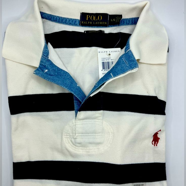 Polo Ralph Lauren. Classic Fit, Roomiest Silhouette, Cut For Lower Armhole And A Fuller Sleeve That Falls Closer To The Elbow. Ribbed Polo Collar, Two-Button Placket, Short Sleeve With Ribbed Armbands, Tennis Tails, Signature Embroidered Pony At The Left Chest. 100% Cotton, Size L. Imported. Genuine. Never Been Use. White Casual Polo Shirt With Striped Collar, Casual White Polo Shirt With Striped Collar, White Long Sleeve Polo Shirt For Summer, White Long Sleeve Summer Polo Shirt, White Polo Collar Top With Striped Collar, White Polo Top With Striped Collar, White Polo Shirt With Striped Collar, White Shirt With Striped Polo Collar, Classic White Tops With Striped Collar