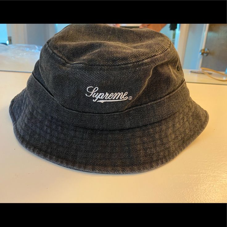 Brand New Supreme Black Wash Denim Bucket Hat. New In Bag. So Gangsta. Trendy Black Bucket Hat For Spring, Trendy Black Bucket Hat With Short Brim, Trendy Black Cotton Bucket Hat, Casual Dark Wash Short Brim Hat, Vintage Black Bucket Hat, Vintage Black Cotton Hat, Casual Dark Wash Bucket Hat, Casual Brimmed Streetwear Hat, Casual Short Brim Hat For Streetwear