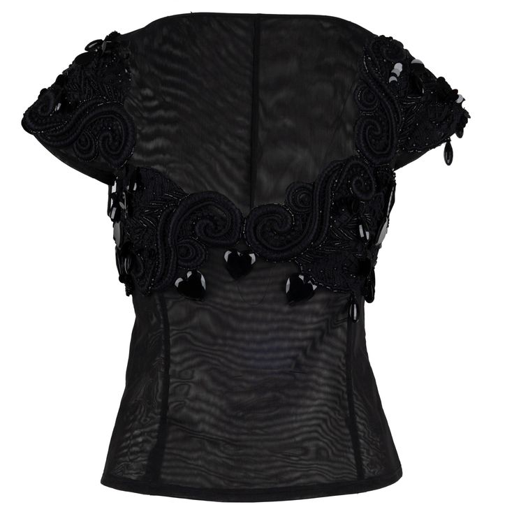 This Collection Privée Embellished Top offers an elegant look with a subtle hint of luxury. Crafted from a sheer black fabric, it is adorned with intricate embroidery, beads, and sequins to create a stunning wide neckline. Finished with short sleeves, it is perfect for special occasions. Remarks: There is no size and composition tag. Shoulder:54;Bust:40;Waist:38;Length:52 Versace Print, Paisley Print Shirt, Embroidery Beads, Printed Silk Blouses, Embellished Top, Intricate Embroidery, Top Collection, Lace Tops, Black Fabric