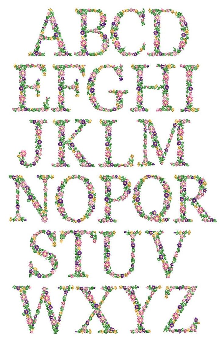 the letters are made up of flowers and dots, all in different colors on white