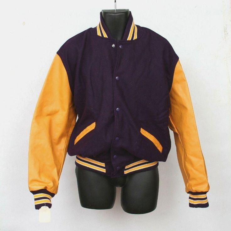 Leader Sportswear Purple Gold Full Snap Lined Varsity Letterman Jacket Men's Size L Leader Sportswear Purple & Gold (Purple Didn't Come Out Right In The Pictures. It's More Of A Plum). Wool/Nylon Body Leather Arms Full Snap Zip Liner Varsity Letterman Jacket Men's Us Size L Large Casual See Last Picture For Measurements. Wear One Small Spot On The Left Pocket (Will Take Picture Upon Request). Cotton Sportswear For Sports Events, Winter Cotton Sport Coat, Winter Sporty Cotton Sport Coat, Fall Sports Varsity Jacket With Pockets, Fall Varsity Jacket With Pockets For Sports, Purple Sports Outerwear For Fall, Cotton Sportswear Outerwear For Sports, Cotton Sportswear For Sports, Navy Winter Outerwear For Sports Events