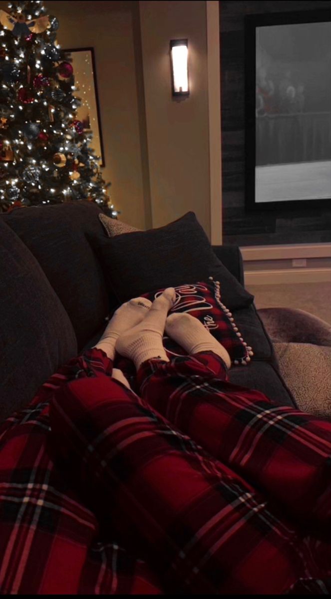 a living room with a christmas tree in the corner and plaid blankets on the couch