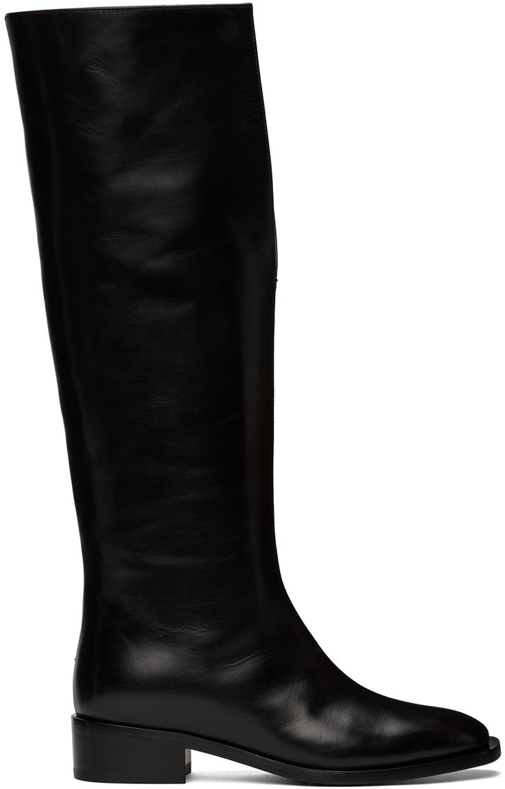 Knee-high buffed leather boots in black. · Pointed square toe · Cutout at collar · Stacked leather heel · Leather outsole · Heel: H1.5 in Supplier color: Black Black Knee Boots, Knee High Boots Flat, Peter Do, Boots Flat, Boots Tall, Dandruff Shampoo, Black Boots Tall, Square Toe Boots, Anti Dandruff