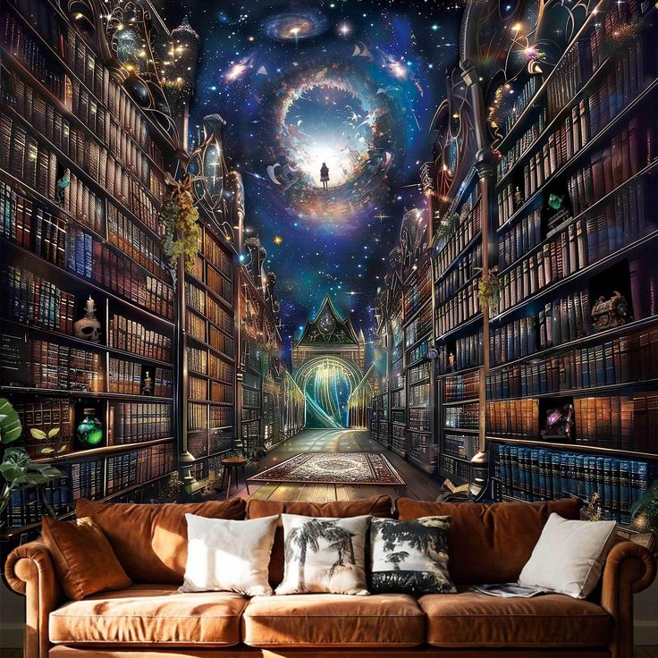 a large library with bookshelves full of books and stars in the sky above it