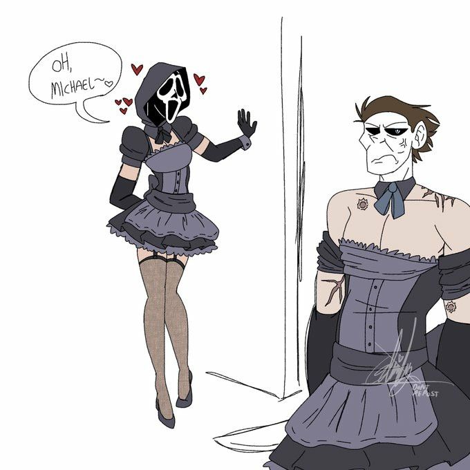 a drawing of a man and woman dressed up in goth clothing, one wearing a mask