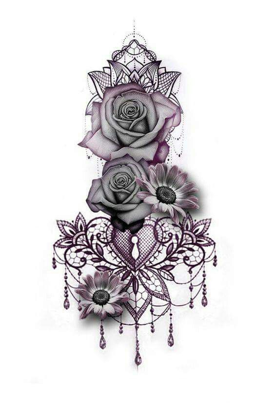 a drawing of three roses on top of each other, with beads hanging from them