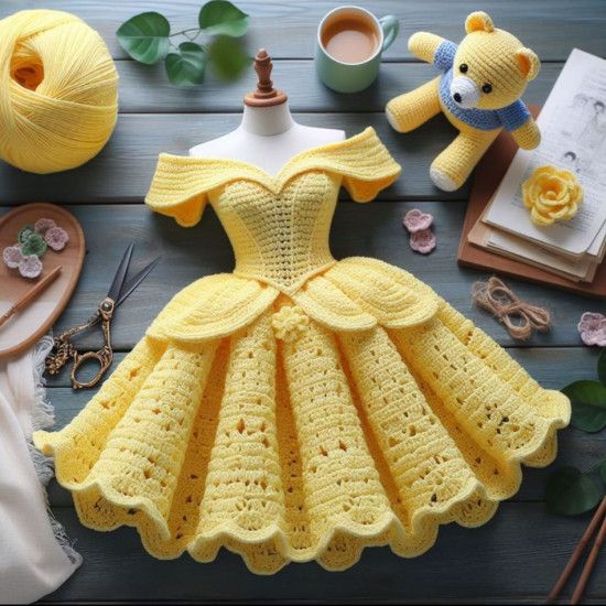 a crocheted yellow dress sitting on top of a table next to a teddy bear