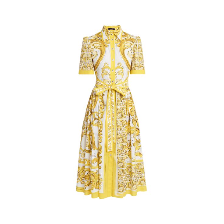 Dolce&Gabbana poplin midi shirtdress in an allover brocade printed finish  Spread collar  Button closure  Short sleeves Tie-belted waist  Hem hits around the knee A-line silhouette Cotton Made in Italy Brocade Print, Evening Flats, Cocktail Jacket, Shirtdress, Platform Pumps, Lingerie Sleepwear, Tie Belt, Designer Collection, Coat Dress